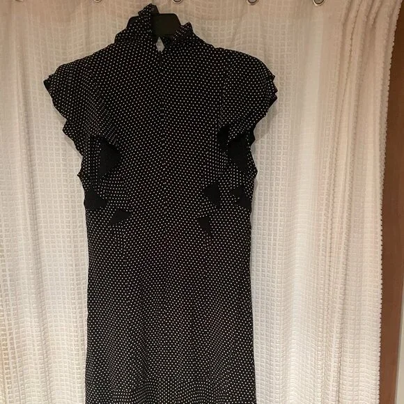 Karen Millen Black White Ruffle Keyhole Tie Neck Dress Size 6 - Picture 7 of 9